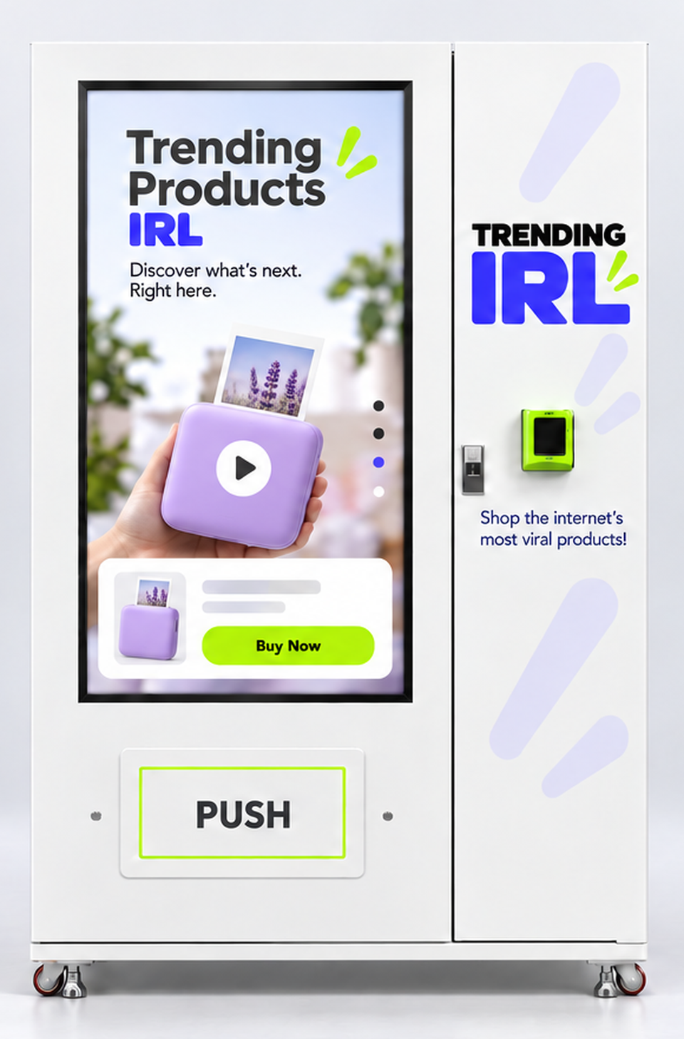 Approved Trending IRL machine mockup with the promotional display, payment reader and pickup compartment.