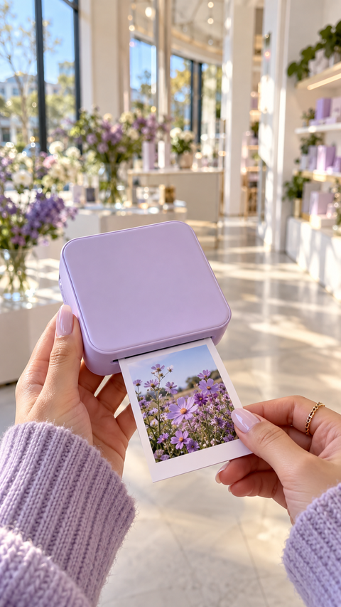 A short-form promotional video still showing a lavender pocket printer making a fresh flower photo in a bright retail space.