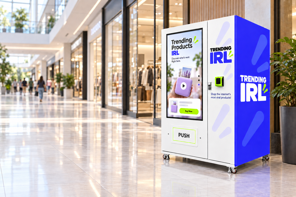 The finalized white-and-indigo Trending IRL retail machine in a modern shopping mall corridor.